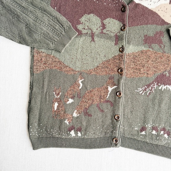 vtg Northern Treasures green fox duck horse mushroom cardigan sweater XL - Picture 3 of 7